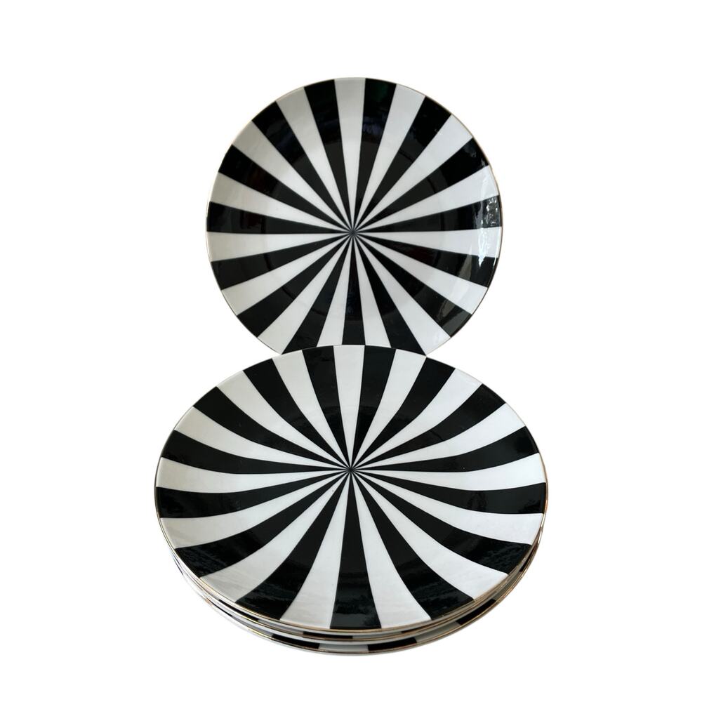 Christian Siriano Salad Plates 8in Porcelain Set of 4 Black White Candy Stripe - Picture 2 of 12